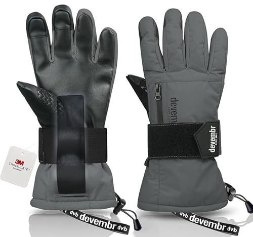 devembr Skihandschuhe mit Handgelenkschützern, Warme Snowboardhandschuhe für Herren und Damen, Grau, S