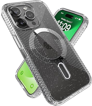 Speck iPhone 15 Pro Hülle – ClickLock rutschfeste Interlock, MagSafe kompatibel, Fallschutzgriff – Anti-Vergilbung 6,1 Zoll Handyhülle – Presidio Lux Grip Clear/Platinum Glitter