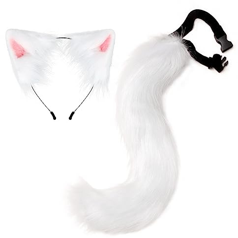 MoreChioce Damen Kunstfell Fuchsschwanz und Ohr Set, Halloween Kostüme Kunstpelz Tierohren und Schwanz-Set Kunstfell-Ohren Stirnbänder Clip für Halloween Cosplay Party,Weiß
