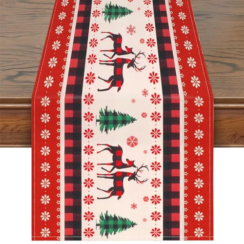 Weihnachten Dekoration - Elch & Weihnachtsbäume Tischläufer, Roter Läufer für Winter Party, Abendessen & Feiern (183 x 33 cm)