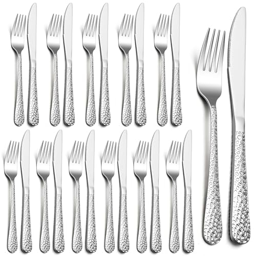 HaWare Steakbesteck Set für 12 Personen, 24-teilig Edelstahl Tafelmesser und Tafelgabel Set, Messer und Gabel Besteck Set mit Hammergriff, Steakmessr Steakgabel Set für Steak/Pizza, Spülmaschinenfest