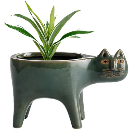 Mhihtts Katzen-Blumentopf, Katzen-Übertopf, Sukkulenten-Übertopf, Keramik-Tier-Pflanzgefäß, Katzen-Pflanzgefäße für Zimmerpflanzen für Innenbereich, Heimdekoration, Bürotisch oder Küchenfensterbank
