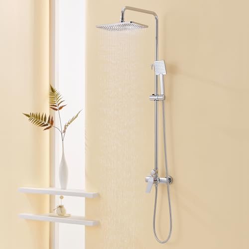 Auralum Columna Ducha con Grifo Altura Regulable 90-124cm, Columna Ducha con Rociador Ducha 29x19cm y Alcachofa para Baño