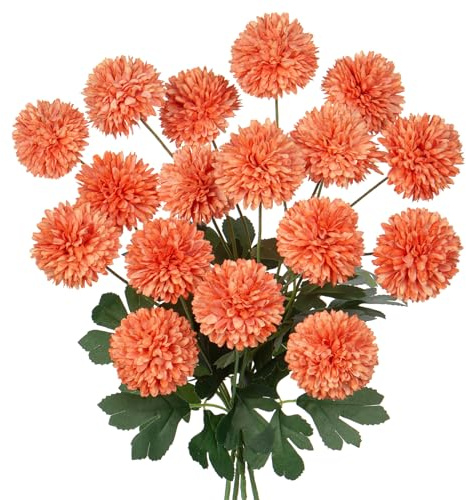 Oairse 4pcs Chrysanthemum Artificial Flower 60cm Long Stem for Autumn Decor | Orange Faux Chrysanthemum Ball Flowers, Fall Floral Arrangement for Home Office Wedding Party Centerpiece Decorations