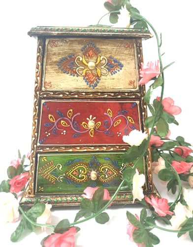 Original Kikan Indian Wooden Tapper Tower Box Jewellery 3 Chest Drawers Storage Handmade Gift Painted 25x20x10 Centimetres