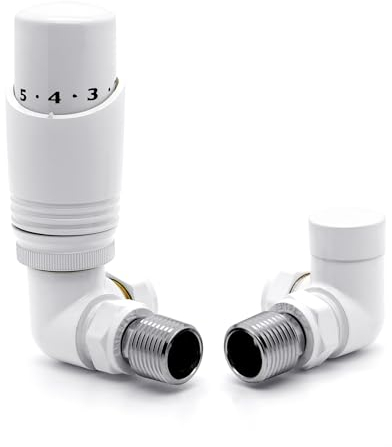VANCOCO 1/2×15mm Corner Thermostatic Radiator Valve with Lockshield Valve, Energy Saving Modern TRV H62 Brass Pair Radiator Thermostat Valves for Radiator Central Heating(White)
