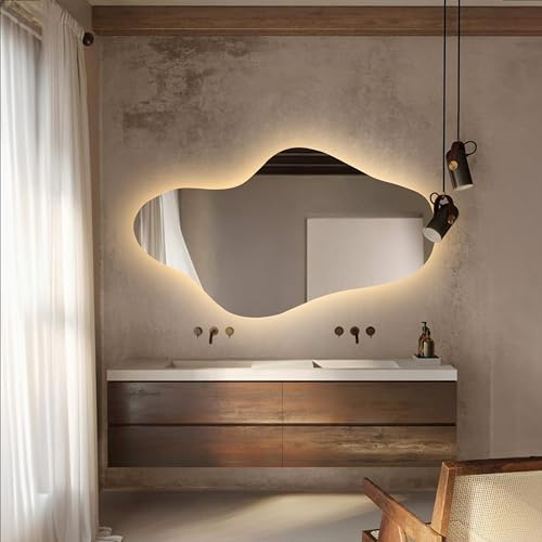 KT WALL ART Miroir asymétrique avec éclairage LED pour salle de bain, miroir de coiffeuse irrégulier avec lumières, lavabo rétroéclairé LED éclairé (lumière chaude, 69 x 120 cm)