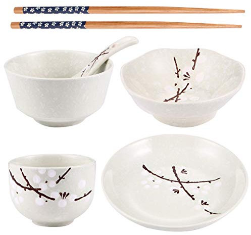 Ciieeo Japanese Tableware for Household Use Ceramic Tableware Including Bowl Dish Cup Spoon Chopstick for Single Person Dining