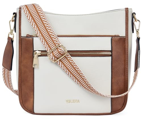 Telena Damen Schultertasche PU Leder Damen Umhängetasche Klein Crossbody Bag für Frauen Handtasche,Beige mit Braun