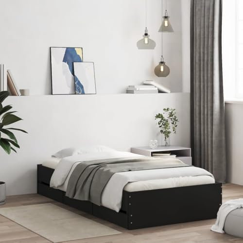 vidaXL Single Bed Frame with Drawers - Black, Engineered Wood, Bedroom Storage Solution, Fits 90x190 cm Mattress, Modern Design