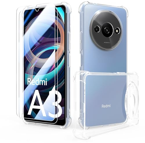 SMYTU Coque Xiaomi Redmi A3 4G (6,71) Transparente + 2 Verre trempé écran Protecteur,Souple Silicone étui Antichoc Bumper Housse Clair TPU Gel Case Cover - Clear