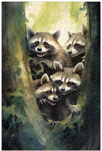 1000-teiliges Holzpuzzle für Erwachsene, Neugieriger Waschbär im grünen Dschungel, Tier-Aquarell-Puzzle (C ; 1000)