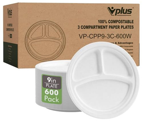 Vplus 100% Compostable Paper Plates, 600 Pack 9 Inch 3 Compartment Plates Disposable, Heavy Duty Biodegradable Plates Made of Sugar Cane Fibers, for Daily meals, Dinner, Parties, BBQ