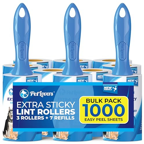 PetLovers Extra Sticky Lint Roller Bulk Value Set 3 Rollers 7 Refills 1,000 Sheets for Pet Hair Removal, Dog and Cat Lint Remover