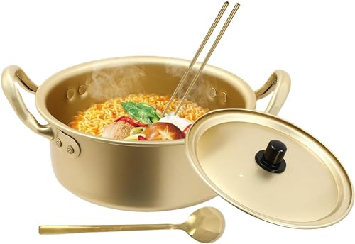 Casserole à pâtes coréenne Noodle - Double poignée - Jaune coréen - Avec couvercle et cuillère - 16 cm