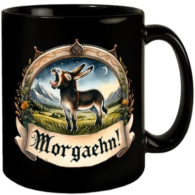 Müder Esel auf der Wiese Tasse in Schwarz mit Spruch Morgaehn! Tierfreund Natur gähnen morgens lustig Zitat Spaß aus Gras