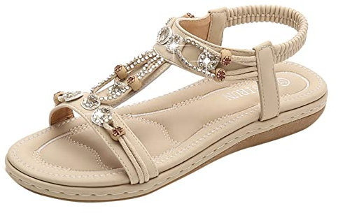 Bench Sandalen Damen Damen Schuhe Sommer Elastische Schuhe Band Casual Strandstring Sandalen Frauen Frauen Perlen Frauen Sandalen Fußbett Sandalen Barfuss Schuhe Damen (Beige, 39)