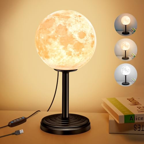 Kangtaixin 3D Mondlicht Tischlampe, MondLampe mit ständer, 3 Farbtemperatur, USB-Anschlusskabel, Mondlampe Nachtlicht für Zuhause, Büro, Schlafzimmer, Geschenke für Freundin, Frauen, Muttertag, Jungen