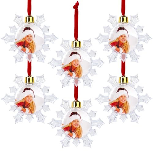 6pz Cornici Portafoto Natale Fiocco di Neve con Foto Trasparenti Natalizi da Appendere Riempibili Decorazione Albero di Natale Ciondoli Ornamenti Natalizi