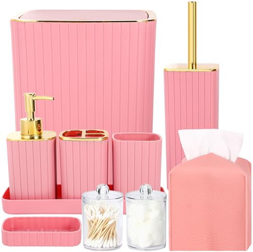 Rosa Badezimmer-Dekor – 10-teiliges rosa Zubehör-Set mit Mülleimer, Seifenspender, Seifenschale, Zahnbürstenhalter, Tasse, WC-Bürste, Qtip-Halter