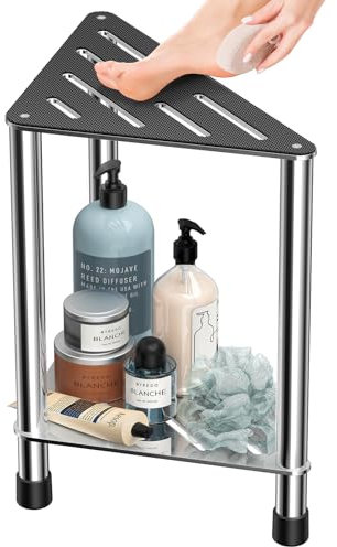 LarFaFa Stainless Steel Shower Stool for Inside Shower, 15.4'' H Shower Foot Rest, Corner Shower Stool with Storage Shelf, Shower Step for Shaving Legs, Bathroom Corner Shower Bench, Silver