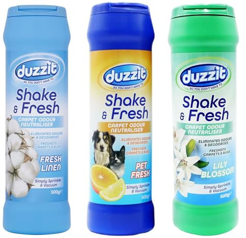 Duzzit Shake & Carpet Odour Neutraliser, 3 Pack, 500g Each, Pet Fresh, Lily Blossom, Fresh Linen Scents