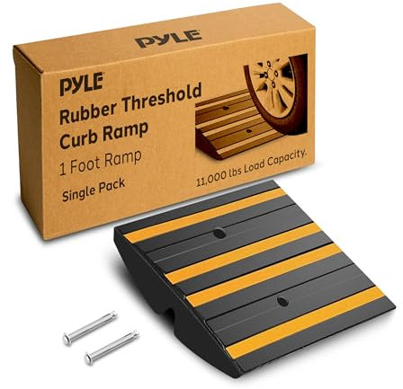 PYLE Auffahrrampe — Bordsteinrampe Gummi 1 Stück Auffahrrampen PKW — Rampe Auto für Einfahrt & Garage mit gelbem Reflektor — Schwellenrampe wetterfest — je Autorampe 31L x 41W x 7H cm & 5 t Traglast