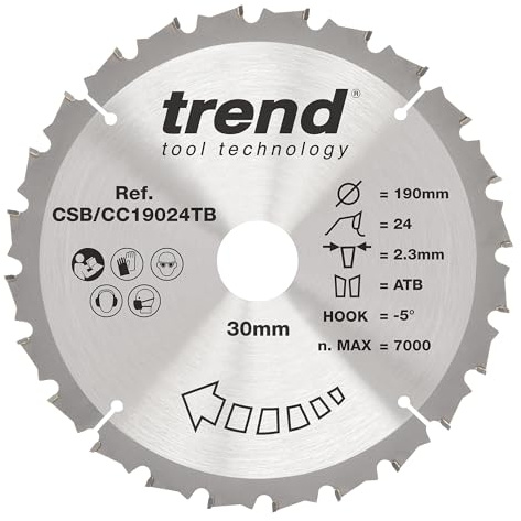 Trend 190mm Cordless Mitre Saw Blade, 30mm Bore, 24T TCT, Wood | Ideal For Clean Cuts In Wood On Cordless Mitre Saws, With 24 Teeth, -5° Hook And 2.3mm Kerf, CSB/CC19024TB