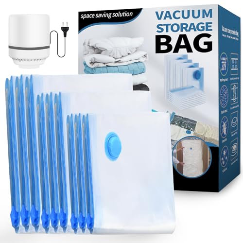 Sac Sous Vide Vetement Aspirateur et Pompe Électrique, 9 Pièces Sacs à Vide pour Vêtements Couettes (3 Jumbo, 3 Moyennes, 3 Petites), Sac de Rangement Sous Vide Pour VêTements, Couettes, Voyages