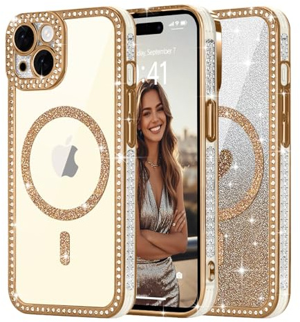 Ethanger für iPhone 15 Hülle Glitzer, Gold | Karte mit Herzmuster, Kristall Glänzend Diamant Handyhülle für Frauen Mädchen Transparent Silikon Case Stoßfest Schutzhülle