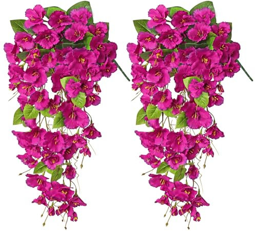 Dremisland 2PCS 55cm Artificial Hanging Flowers Fake Hibiscus Flowers for Outdoor Summer Decor Silk Hibiscus UV Resistant Fake Hanging Plants Long Trailing Vine for Outside Planter Porch Patio Yard