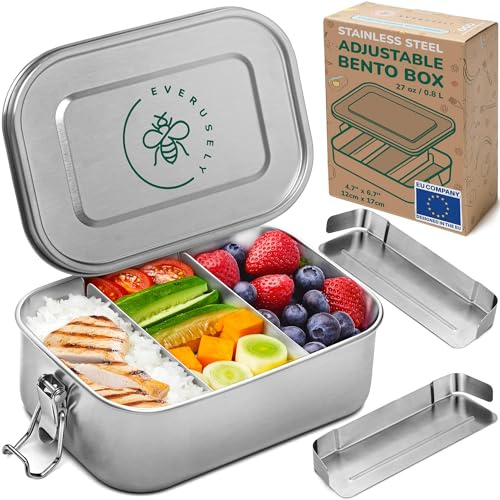 Everusely Fiambrera de acero inoxidable - 800 ml, 2 separadores ajustables | La fiambrera de metal Everusely es muy práctica y portátil, y se puede lavar en el lavavajillas para una limpieza fácil.