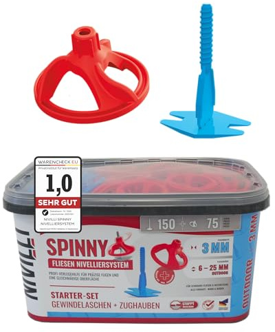 Nivilli SPINNY PRO - STARTER-SET 3mm - 150 Laschen + 75 Zughauben! Profi Nivelliersystem, Fliesen & Naturstein Verlegehilfe, Zughauben + Gewindelaschen. Starter-Set 3mm, Materialdicke: 6-25mm