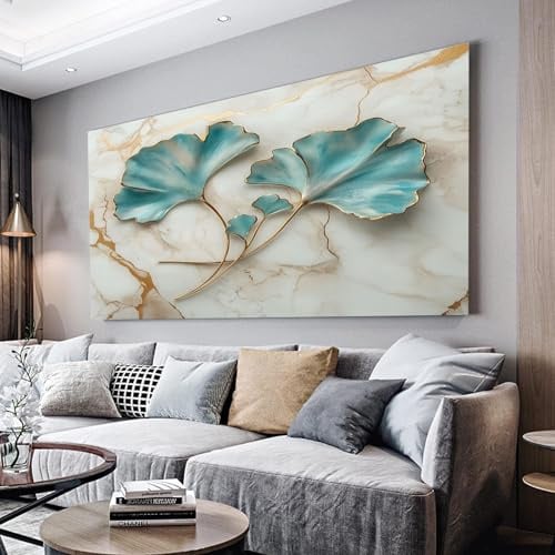 MKBKLI Wandbilder Dekoration Wohnzimmer Blauer Ginkgo Blatt Bilder 80x160cm | auf Leinwand Leinwandbild Schlafzimmer Küche Deko Wand Kunstdruck Art Groß XXL Wanddeko Bild Wall Decor Canvas