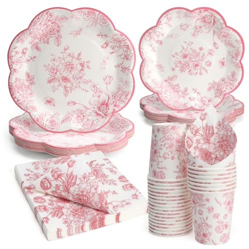 PARTY GO Set di stoviglie rosa per feste da tè, piatti di carta, bicchieri e tovaglioli per matrimoni, compleanni, feste di tè pomeridiano e decorazioni da tavola per 24 ospiti