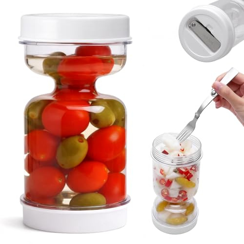 KQDRAVINE Pot Cornichon Retournable avec Fourchette Pliable, 700ml Pot avec Passoire et Bouchon, Bocal à Cornichons pour Aliments Humides et Secs, Bocal pour Cornichons Olives Kimchi Jalapeños