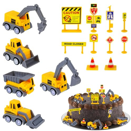 PIWOSGOL 12 Stück Bagger Tortendeko Set, Baustellen Deko für Kuchen & Tisch, Komplettset mit Baufahrzeugen & Verkehrsschildern für Kindergeburtstag, Geburtstagsgeschenk für Jungen Mädchen