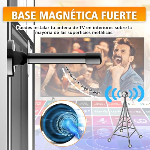 Antena TV Interior Potente para Smart TV – Antena TDT Digital HD 4K/1080P con Recepción 360° Omnidireccional, Base Magnética Estable, Compatible con DVB-T2/DVB-T y HDTV, Fácil Instalación, Sin Cuotas
