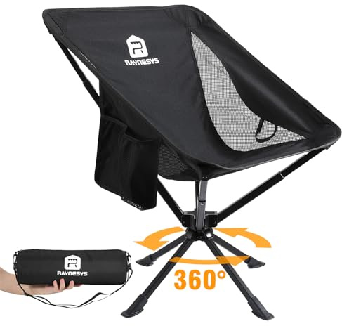 Raynesys Portable Camping Chair 1 Pack, 8 Seconds Quick Setup Folding Camping Chair, Flexible 360° Rotation, 3.8Lb Lightweight Portable Chairs for Easy Carry to Hiking, Sporting, Travel, Beach, Black