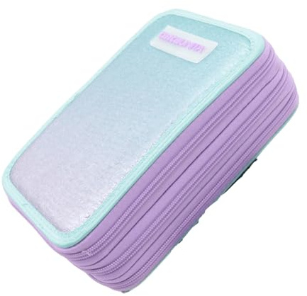 Tinta Unita Astuccio Scuola Azzurro Viola Glitter Completo con Colori 3 Zip