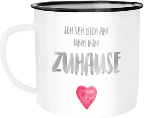 MoonWorks® Emaille-Tasse Ich seh dich an und bin zuhause Herz Geschenk Liebe Geschenkidee Weihnachten Valentinstag Weiss-schwarz Emailletasse