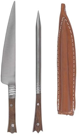 Mittelalter Essbesteck aus Edelstahl inkl. Lederetui, ca. 14 cm, Holzgriffe