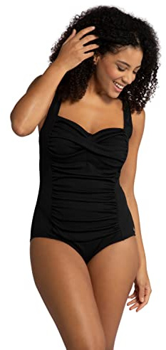 Ulla Popken Damen große Größen Übergrößen Plus Size Badeanzug, Drapierung, feine Struktur, Softcups schwarz 52 791023130-52