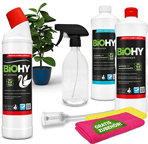 BIOHY Kit complet d'allaitement | cygne | nettoyant sanitaire | déboucheur de canalisations | flacon pulvérisateur | lingettes en microfibre | doseur | durable & propre