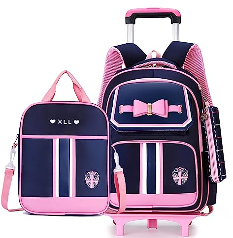 ZHANAO Roll-Trolley-Tasche mit Rollen, Schleife, für Mädchen, Grundschultasche, 3-teilig, mit Umhängetasche, Federmäppchen