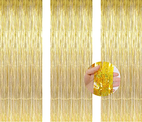 AILEXI 3er Pack Metallic Lametta Vorhänge Folie Fransen Schimmer Luftschlangen Vorhang Tür Fenster Dekoration für Geburtstag Hochzeitsfeier Lieferungen 1 * 2M - Laser Gold