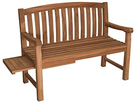 MR. DEKO® Gartenbank Lancaster Teakholz | Holzbank mit ausziehbarem Seitentisch | Friesenbank für draußen | 2-Sitzer 120x57x94 cm | Sitzbank Teak massiv & wetterfest für Garten & Balkon | Parkbank