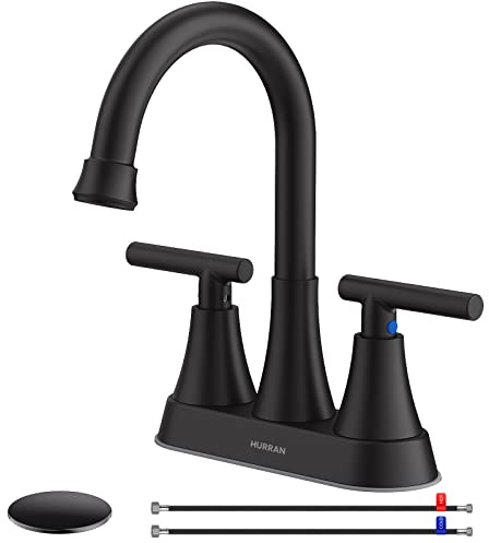 Bathroom Faucets for Sink 3 Hole, Hurran 4 inch Matte Black with Pop-up Drain and 2 Supply Hoses, Stainless Steel Lead-Free 2-Handle Centerset Faucet for Sink Vanity
