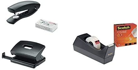 Novus Schreibtisch Set (Heftgerät C 1 mit Locher C 216, inkl. 1000 Heftklammern) schwarz & Scotch C38 Tischabroller schwarz + Scotch Crystal Klebeband, 1 Rolle, 19 mm x 10 m