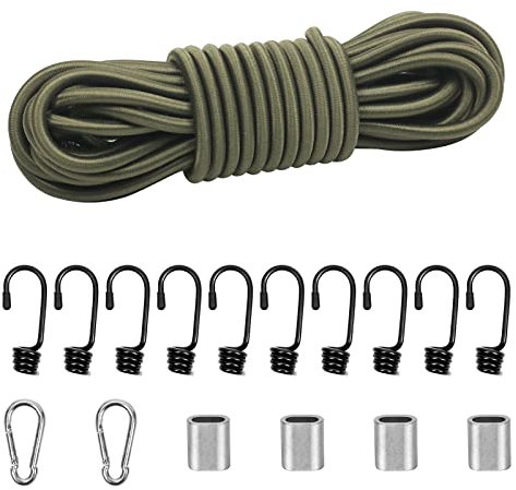10M Elastic Cord, 5/16 Thick Shock Cord Heavy Duty 32Ft Elasticated Shock Cord Black Bungee Cords with Hooks and Carabiner for Caravan Cargo Craft Rack (8mm x 10M, Camouflage green)